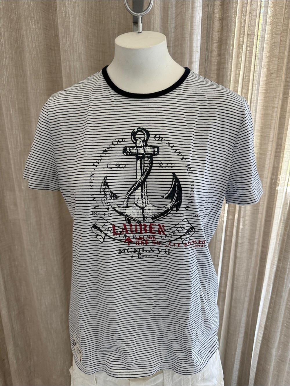 Lauren Jeans & Co RL Striped Anchor Graphic Crewneck T-Shirt White/Drk Navy Sz M